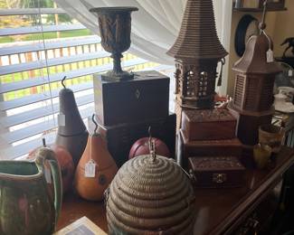 Brass bee hive   Fruit shaped tea boxes