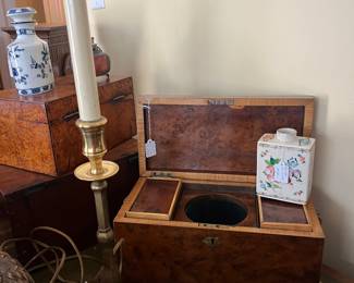 Brass candlestick lamp  Antique wood boxes