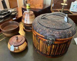 Wood inlay bowl, lamp, covered dish