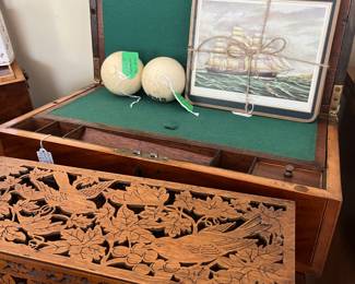 Antique travel writing table    polo balls   carved boxes