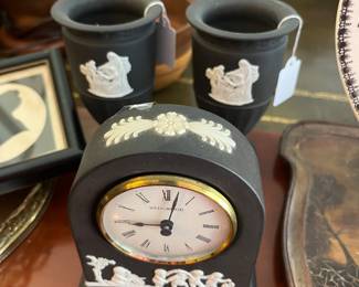 Black Wedgewood vases and clock