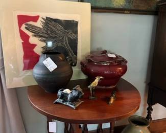 Artwork, pottery and table