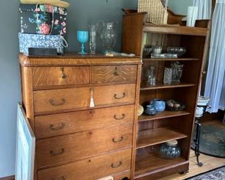 Oak book shelf, 6 drawer oak dresser, crystal, hat boxes, and thread shelf