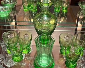 Emerald cut glass decanter & glasses