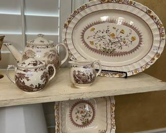 Platter, teapot, cream & sugar and square serving plate