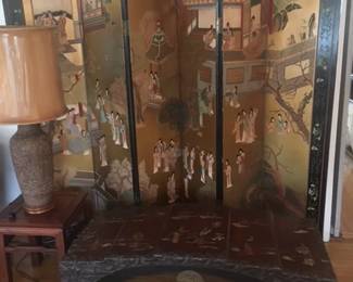 Folding screen (2-sided), Stone inlaid Camphor chest