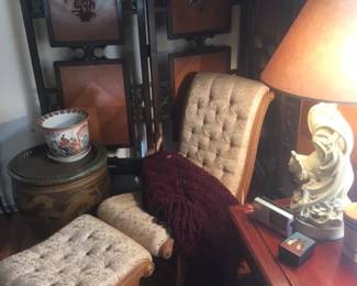 Slipper chair & ottoman, Large wooden folding screen, Rosewood lamp table