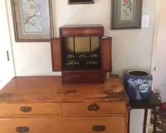 Framed silks, chest of drawers