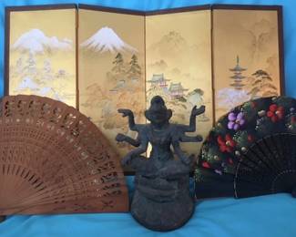 Small screen, fans & iron figurine