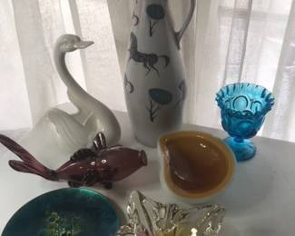 Enamel plate, Murano & Fenton glass.  Mid Cent. Maddux Swan & Ewer