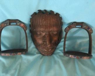 Bronze mask & Antique Chinese cloisonne Stirrups