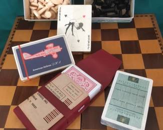 Carved bone & ebony chess set & collectible playing cards