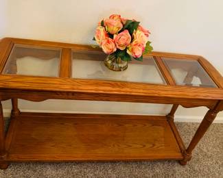 Oak entry / sofa table with glass top