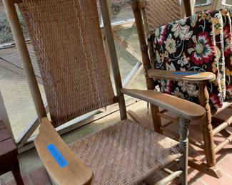 woven rocking chairs, blankets