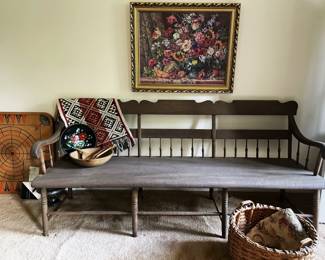antique bench, antique wood games, hand woven baskets, woven blankets and textiles, oil on canvas painting, wooden bowl, decor