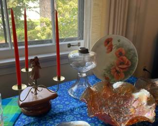antique candle holders, blown glass bowls, decor, china, oil lamp