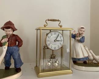 brass and glass clock, antique porcelain boy and girl figures with geese