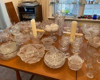 antique glass serving dishes, pitchers, candle holders, glasses