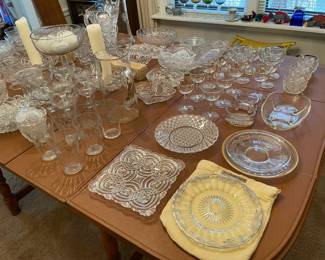 antique glass serving dishes, pitchers, candle holders, glasses