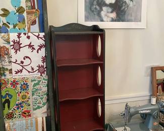 antique wooden shelf, antique quilt display ladder, fine woven linens, antique sewing machine