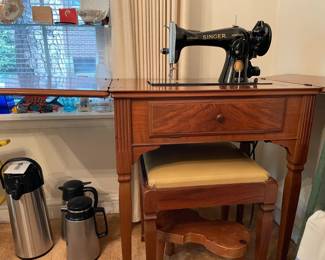 coffe urns, antique Singer sewing machine with table inlay, small antique violin-shaped wooden stool