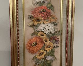 Framed floral art in salmon and yellow