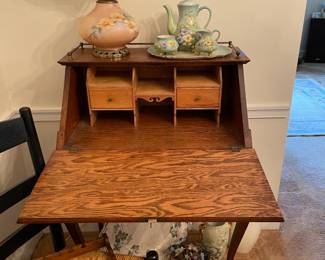 antique writing desk; turquoise mint floral tea set, antique glass lamp, antique ceramics display decor