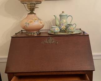 antique writing desk; turquoise mint floral tea set, antique glass lamp, antique ceramics display decor