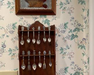 antique spoon display with spoons, framed wall art