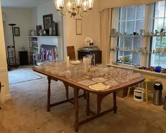 antique glass serving dishes, pitchers, candle holders, glasses