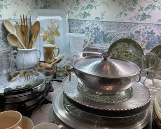 vintage serving pieces, wood utensils