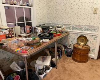 various kitchenware, antique wood bucket with lid