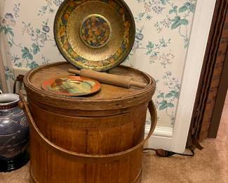 various kitchenware, antique wood bucket with lid, antique wood rolling pin, decorartive plates