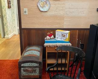 decorative plates, child's antique rocking chair, digital picture frame