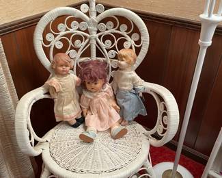 white wicker children's furniture, antique dolls