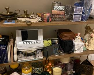 vintage brass shelves, antique boxes, vintage toys, candles