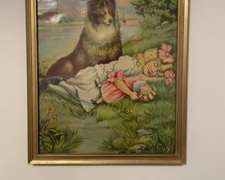 framed wall art, collie and girl