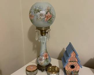 vintage glass floral lamp, birdhouse