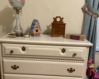 vintage glass floral lamp, birdhouse, antique jewelry box, white chest of drawers