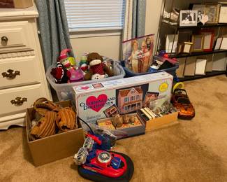 vintage and antiques toys, baseball gloves, cars, paper dolls, sock monekys