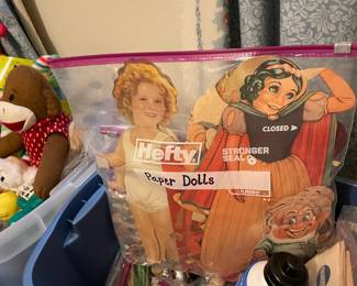 vintage and antiques toys, baseball gloves, cars, paper dolls, sock monekys