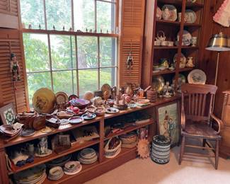 vintage wood furniture, embroidered linens, vintage and antique china dishes, bowls, decor, baskets
