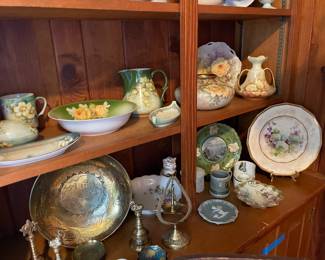 vintage wood furniture, embroidered linens, vintage and antique china dishes, bowls, decor, baskets