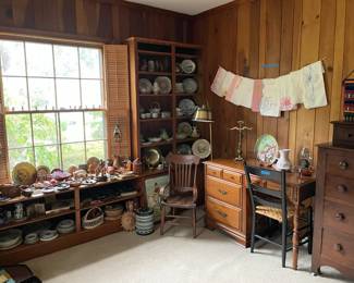 vintage wood furniture, embroidered linens, vintage and antique china dishes, bowls, decor, baskets