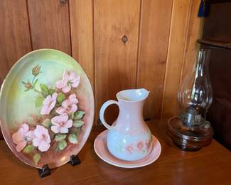 vintage display dishes, oil lamp