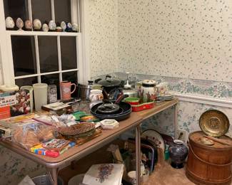 various kitchenware, antique wood bucket with lid