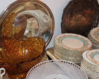 ROWAN ILVER TRAYS AND AMBER BOWL.