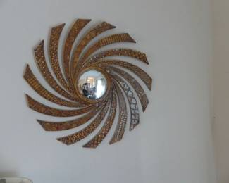 Hammered Metal Sun Disc Wall Hanging with 8" Convex Mirror Center - 30" Diameter