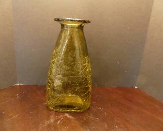 Vintage Bellamy Amber/Olive Crackle Glass Vase - 7" x 12"