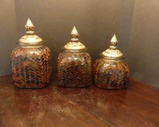 Vintage Set of 3 Mosaic Glass Tile Canisters - Reds/Oranges/Gold